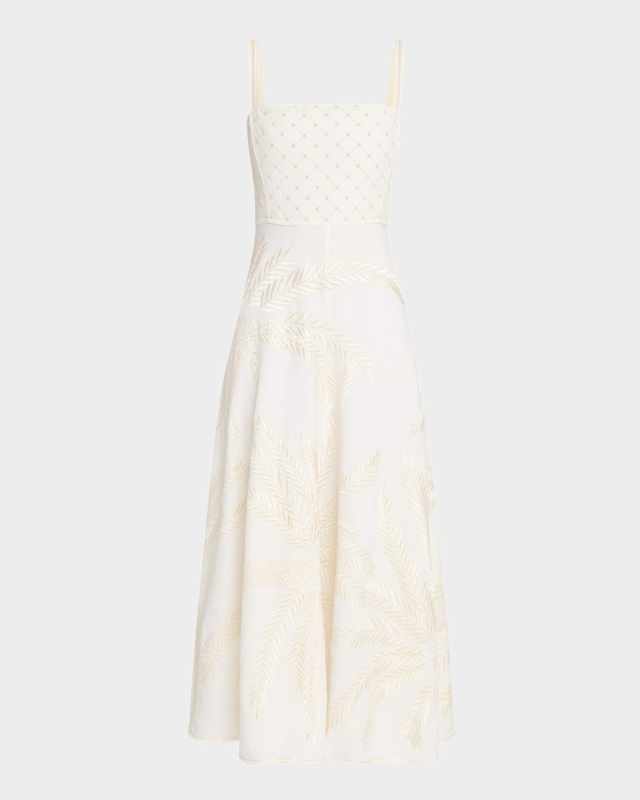 Anabel Palm Embroidered Linen Midi Dress